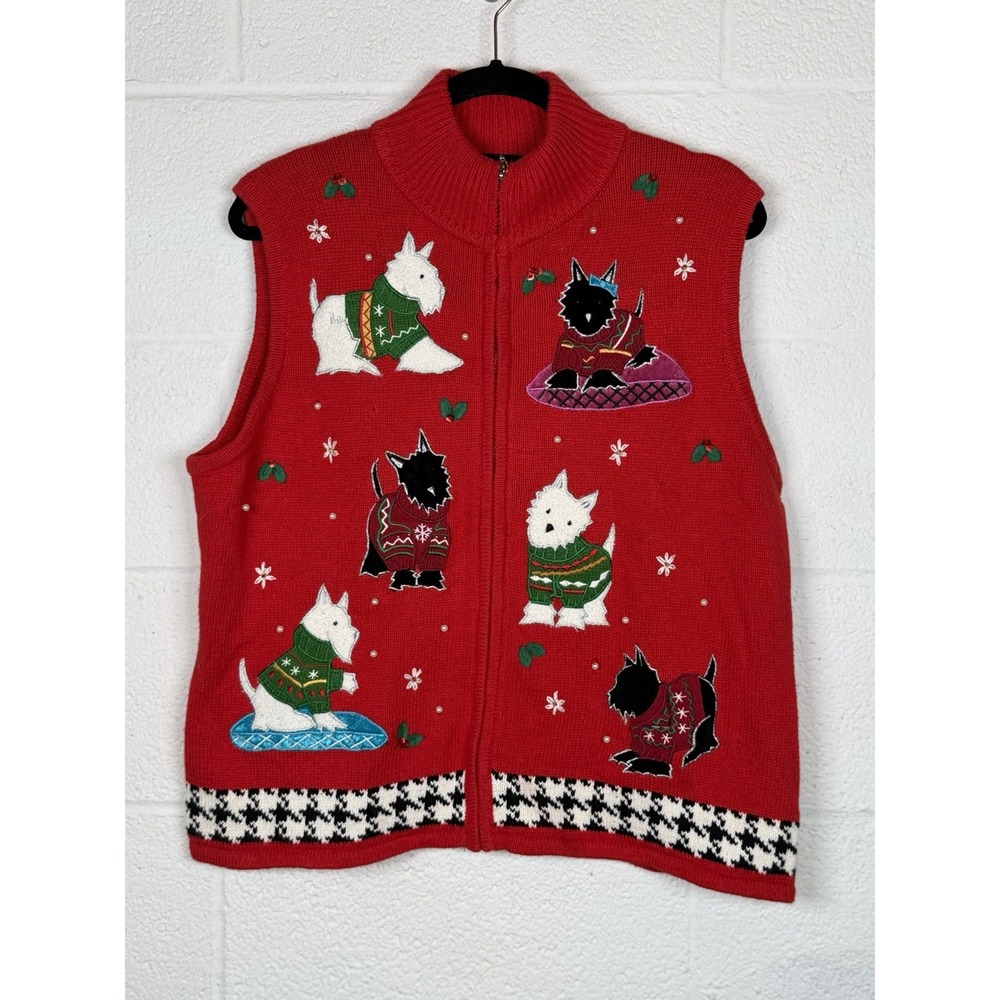 Vtg 90s Designer Originals Studio Joy Red Christmas Sweater Vest XL Scottie Dogs